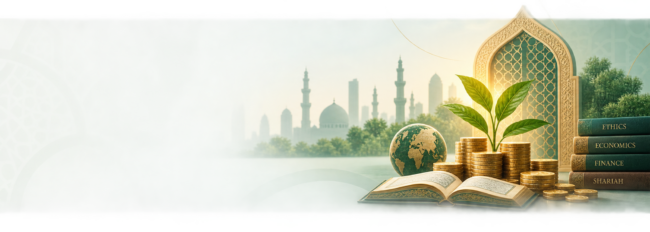 Islamic Banking and Finance academic banner with Islamic architecture, finance, ethics and Shariah