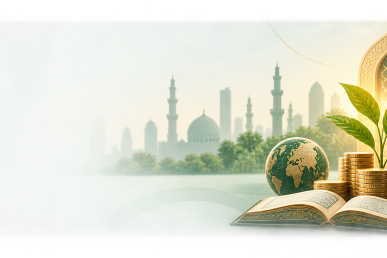 Islamic Banking and Finance academic banner with Islamic architecture, finance, ethics and Shariah