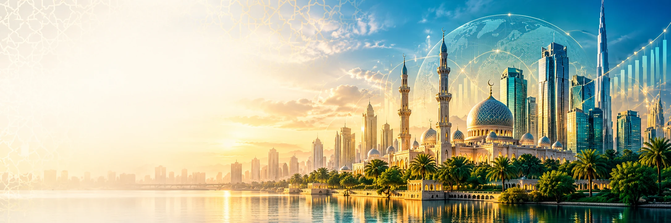 IslamicFina Homepage Hero Islamic finance cityscape with mosque, modern skyline, global network and financial growth graphics