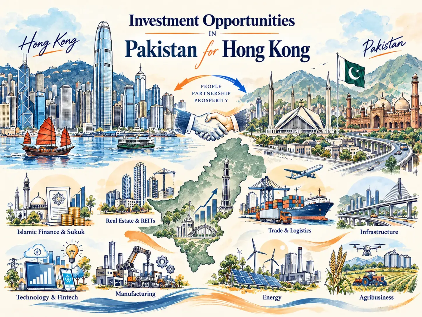 Illustration of investment opportunities linking Hong Kong with Pakistan, including Sukuk, real estate, trade, fintech and energy