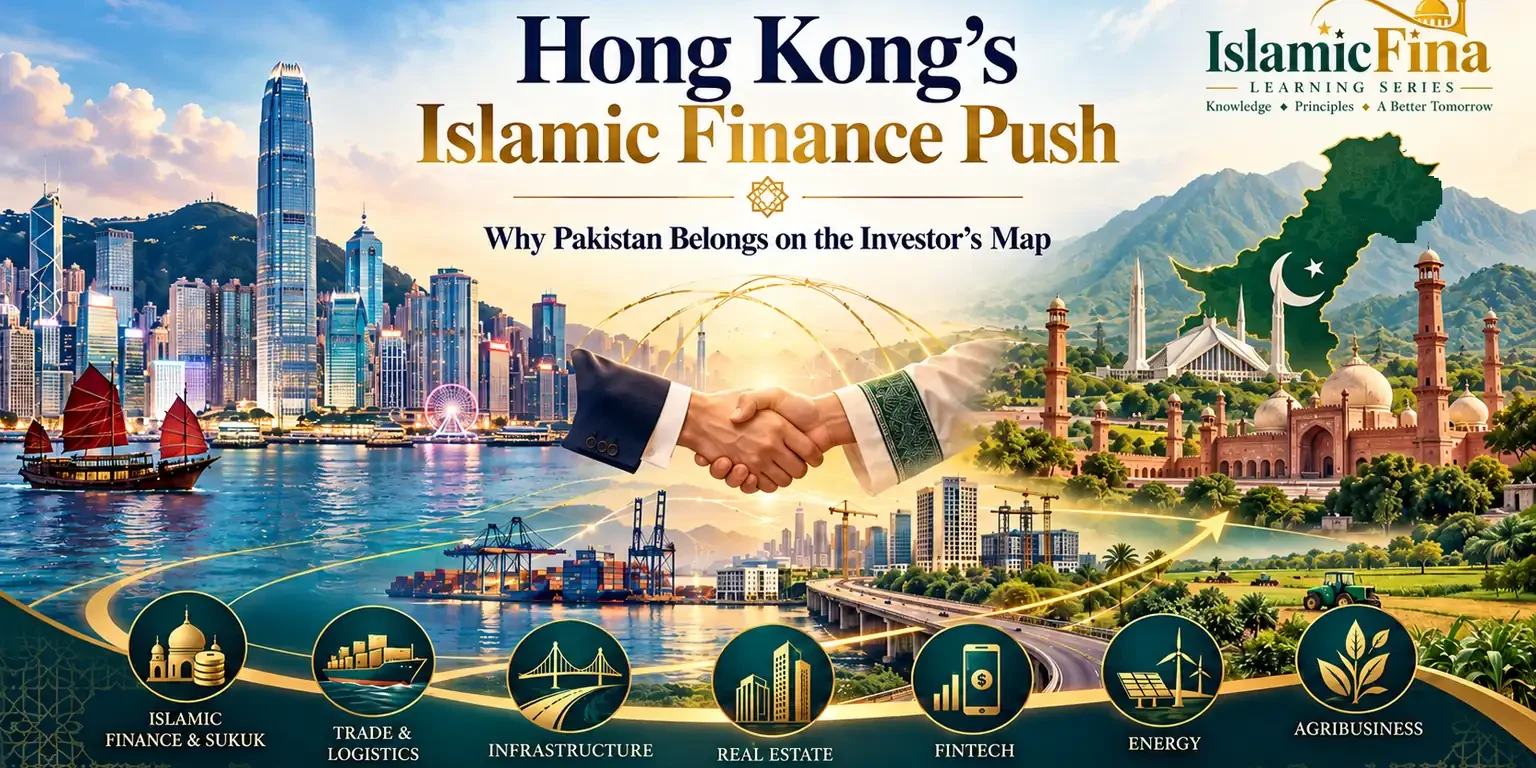 Hong Kong’s Islamic Finance Push: Pakistan investment opportunities, Hong Kong skyline, Pakistan landmarks and IslamicFina branding