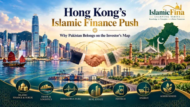 Hong Kong’s Islamic Finance Push: Pakistan investment opportunities, Hong Kong skyline, Pakistan landmarks and IslamicFina branding